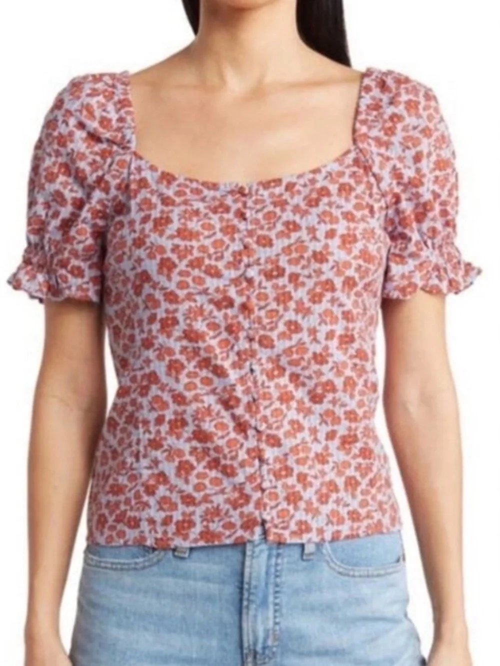 Madewell Button-Front Smocked-Back Top in the 